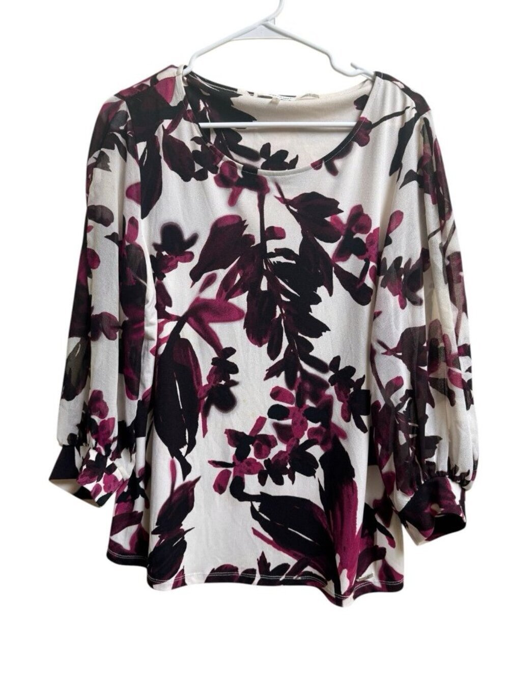 Calvin Klein Floral Blouse Women Medium Sheer Sleeve 3/4 Sleeve Top